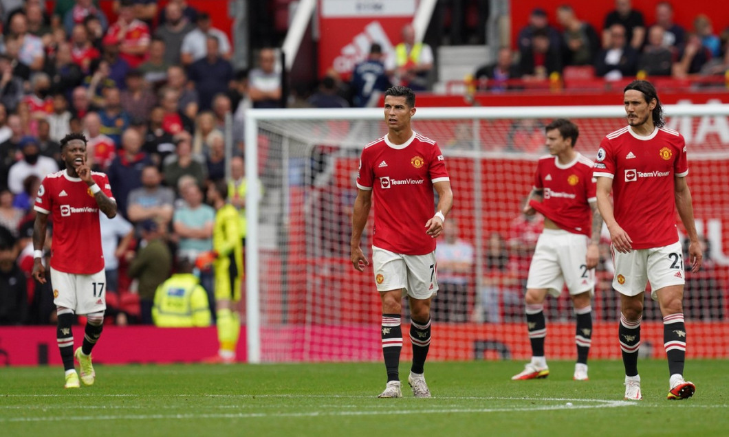 (left to right) Manchester United's Fred, Cristiano Ronaldo, Victor Lindelof and Edinson Cavani show their dejection after conceding a goal during the Premier League match at Old Trafford, Manchester. Picture date: Saturday September 25, 2021.