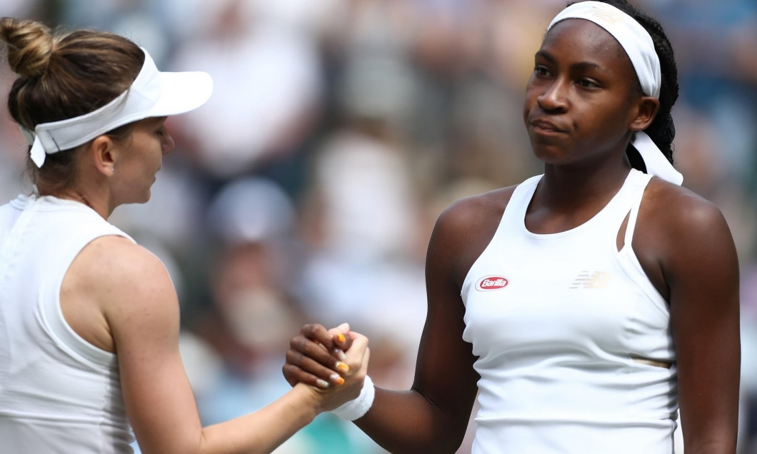 8th July 2019, The All England Lawn Tennis and Croquet Club, Wimbledon, England, Wimbledon Tennis Tournament, Day 7; A dejected Cori Gauff (USA) shakes hands with Simona Halep (ROM) after her 2-0 sets loss