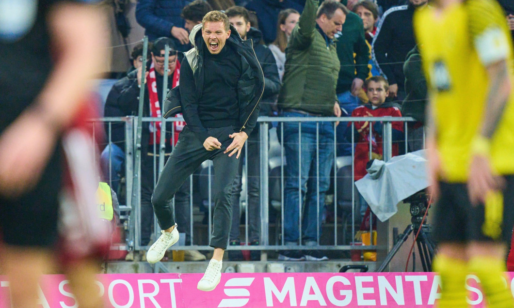 Trainer Julian Nagelsmann (FCB), team manager, headcoach, coach, celebrates 3-1 goal, happy, laugh, celebration, in the matchFC BAYERN MNCHEN - BORUSSIA DORTMUND 3-11.German Football League on April 23, 2022 in Munich, Germany. Season 2021/2022, match