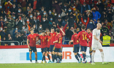 Alvaro Morata of Spain celebrates with teammates after scoring a goal during a friendly match between Spain and Iceland on March 29, 2022, in Spain