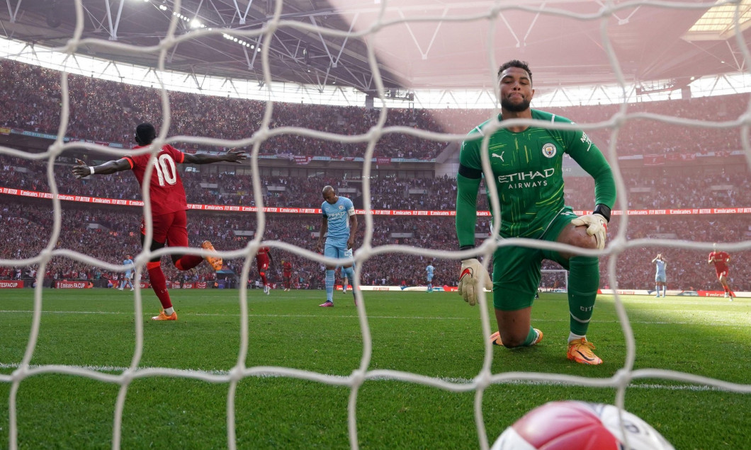 File photo dated 16-04-2022 of Manchester City goalkeeper Zack Steffen after an error leads to Liverpool's Sadio Mane scoring the winning goal. Liverpool ended Manchester City's hopes of a treble in another engaging encounter at Wembley, having drawn 2-2