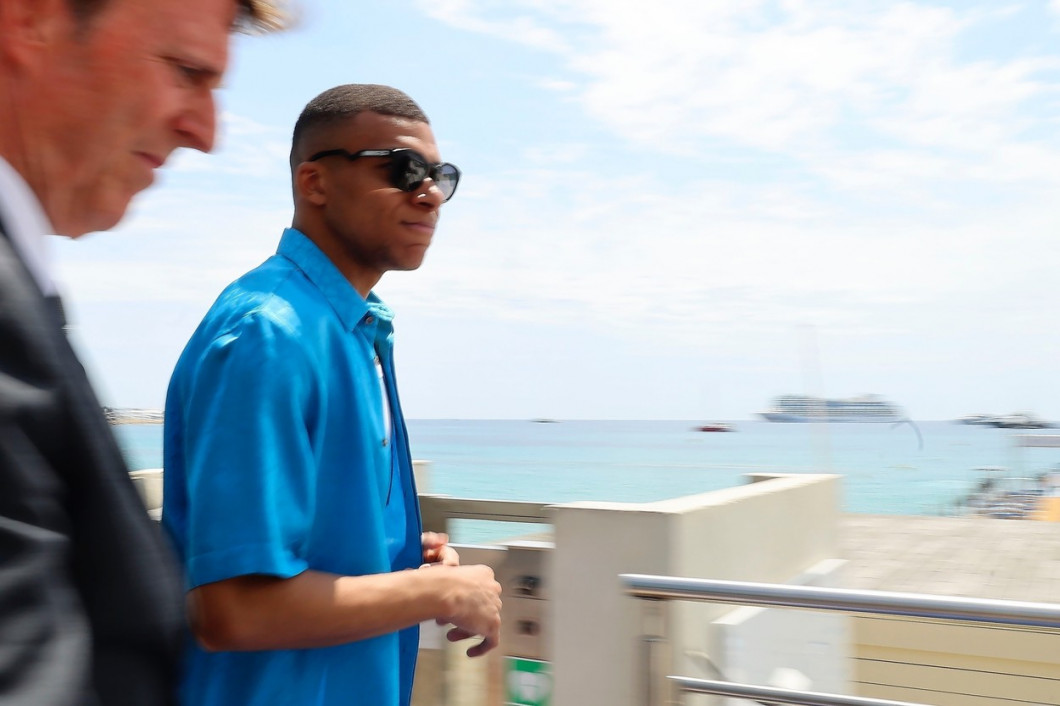 Kylian Mbappé, leaves by boat from the Martinez Hotel for lunch on the Serins Islands in Cannes France.