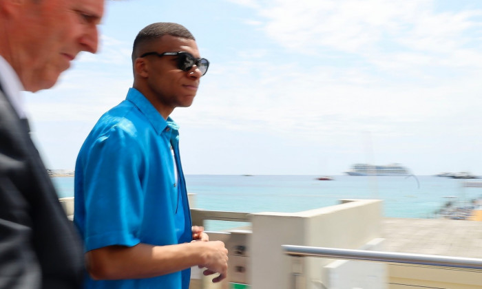 Kylian Mbappé, leaves by boat from the Martinez Hotel for lunch on the Serins Islands in Cannes France.