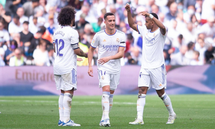 30th April 2022, Stadium Santiago Bernabeu, Madrid, Spain; La Liga Santander football, Real Madrid CF versus RCD Espanyol; Rodrygo, Lucas Vazquez and Marcelo celebrate their goal for 1-0