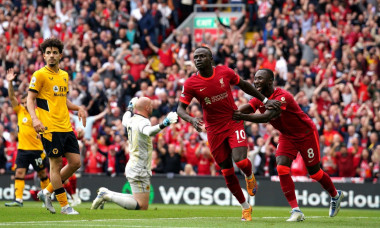 Liverpool's Sadio Mane celebrates scoring only for his goal to be disallowed for offside during the Premier League match at Anfield, Liverpool. Picture date: Sunday May 22, 2022.
