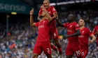 Liverpool's Fabinho (left) celebrates with Thiago Alcantara (centre) and Sadio Mane after scoring their side's second goal of the game during the Premier League match at Elland Road, Leeds. Picture date: Sunday September 12, 2021.