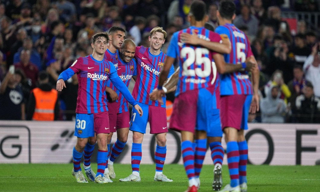 Pablo Martin Gavira Gavi, Ferran Torres, Dani Alves and Frenkie de Jong of FC Barcelona during the La Liga match between FC Barcelona and RCD Mallorca played at Camp Nou Stadium on May 01, 2022 in Barcelona, Spain. (Photo by Sergio Ruiz / PRESSINPHOTO )