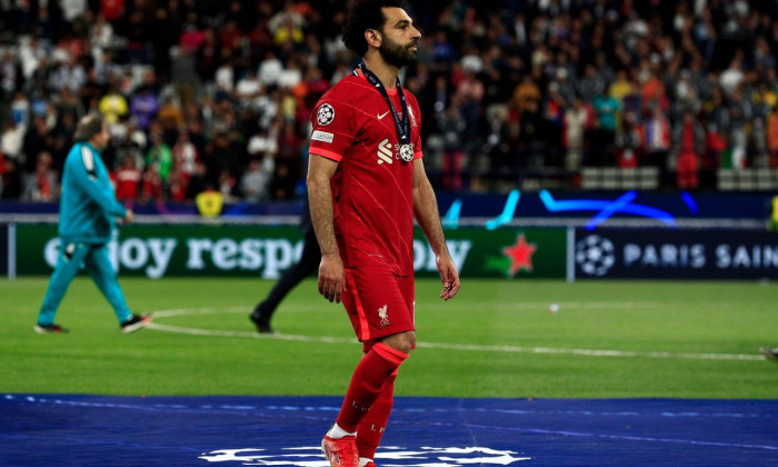 28th May 2022; Stade de France stadium, Saint-Denis, Paris, France. Champions League football final between Liverpool FC and Real Madrid; Mohamed Salah of Liverpool walks away after accepting his runners up medal