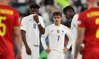 Turin, Italy, 7th October 2021. Aurelien Tchouameni, Antoine Griezmann and Paul Pogba of France discuss over a dead ball during the UEFA Nations League match at Juventus Stadium, Turin. Picture credit should read: Jonathan Moscrop / Sportimage