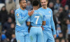 Manchester, England, 11th December 2021. Match winner Raheem Sterling of Manchester City is congratulated by Gabriel Jesus and Jack Grealish of Manchester City during the Premier League match at the Etihad Stadium, Manchester. Picture credit should read:
