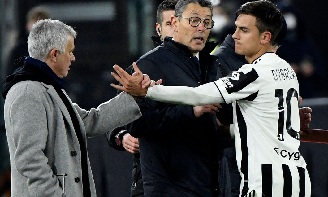 Rome, Italy. 09th Jan, 2022. Jose Mourinho coach of AS Roma and Paulo Dybala of Juventus FC during the Serie A football match between AS Roma and Juventus FC at Olimpico stadium in Rome (Italy), January 9th, 2022. Photo Andrea Staccioli/Insidefoto Credit: