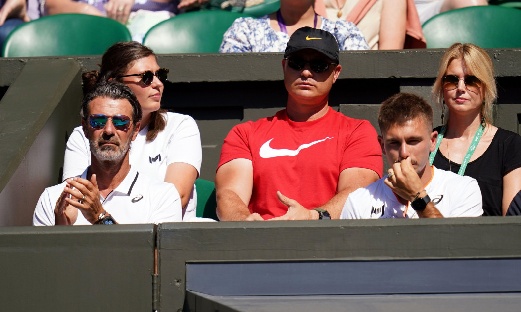 Patrick Mouratoglou (left) coach of Simona Halep on day eleven of the 2022 Wimbledon Championships at the All England Lawn Tennis and Croquet Club, Wimbledon. Picture date: Thursday July 7, 2022.