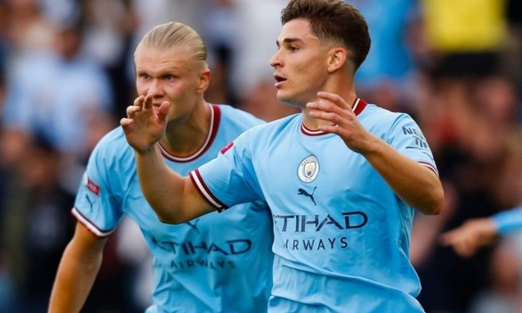 Leicester, UK. 30th July 2022; The King Power Stadium, Leicester, Leicestershire, England; FA Community Shield, Liverpool versus Manchester City; Julian Alvarez of Manchester City is in disbelief after his goal is disallowed by Referee Craig Pawson Credit