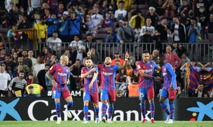 BARCELONA, SPAIN - MAY 10: Memphis Depay of FC Barcelona celebrates after scoring a goal during La Liga match between FC Barcelona and RC Celta de Vigo at Camp Nou on May 10, 2022 in Barcelona, SPAIN. (Photo by Sara Aribo/PxImages)