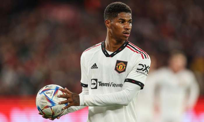 Marcus Rashford (10) of Manchester United holds the match ball