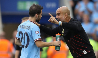 Leicester, UK. 30th July, 2022. Pep Guardiola, Manager of Manchester City talks wit Bernardo Silva of Manchester City during the The FA Community Shield match at the King Power Stadium, Leicester. Picture credit should read: Paul Terry/Sportimage Credit:
