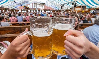 Straubing, Germany. 13th Aug, 2022. Visitors to the Gubodenvolksfest toast with beer mugs in a festival tent. The Gubodenvolksfest is considered the second largest folk festival in Bavaria and lasts until August 22. Credit: Armin Weigel/dpa/Alamy Live New