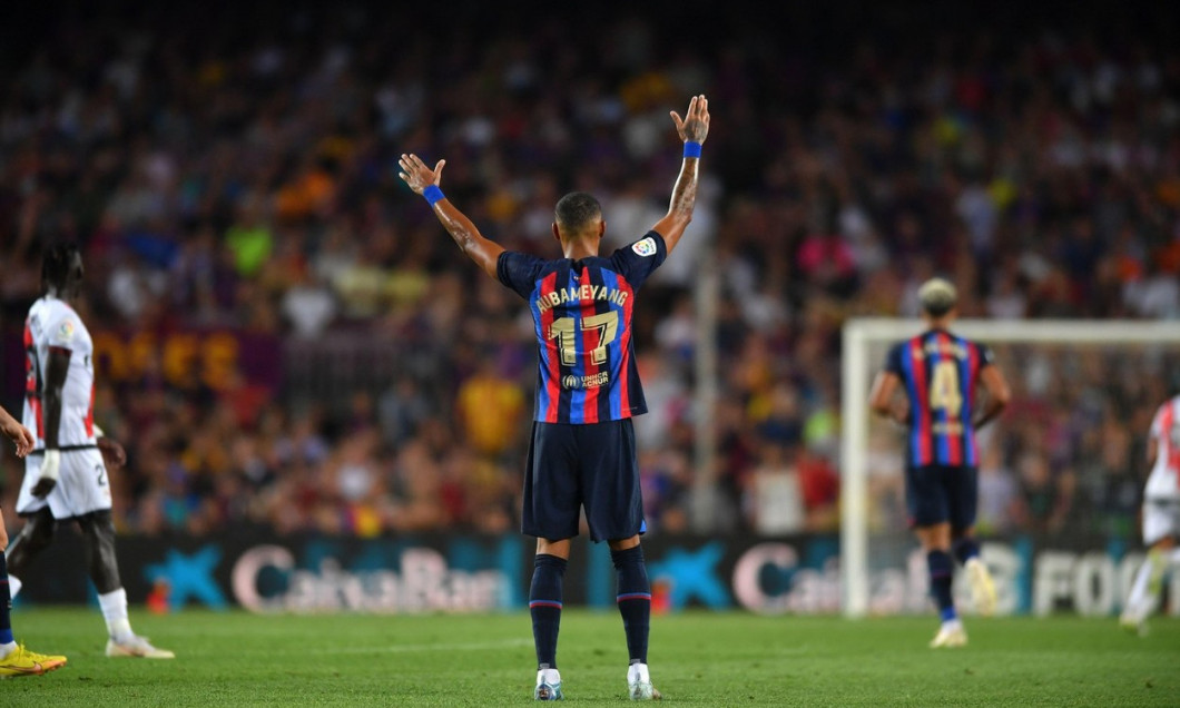 Barcelona,Spain.13 August,2022. FC Barcelona v Rayo VallecanoPierre-Emerick Aubameyang (17) of FC Barcelona reacts during the match between FC Barcelona and Rayo Vallecano corresponding to the first day of La Liga Santander at Spotify Camp Nou Stadium