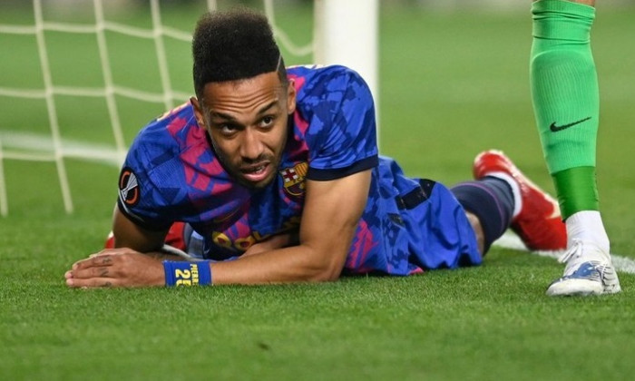 Camp Nou. 14th Apr, 2022. Barcelona; Spain; UEFA Europa League; Quarter Final; FC Barcelona versus Eintracht Frankfurt; Pierre-Emerick Aubameyang falls as he misses a good scoring chance Credit: Action Plus Sports/Alamy Live News