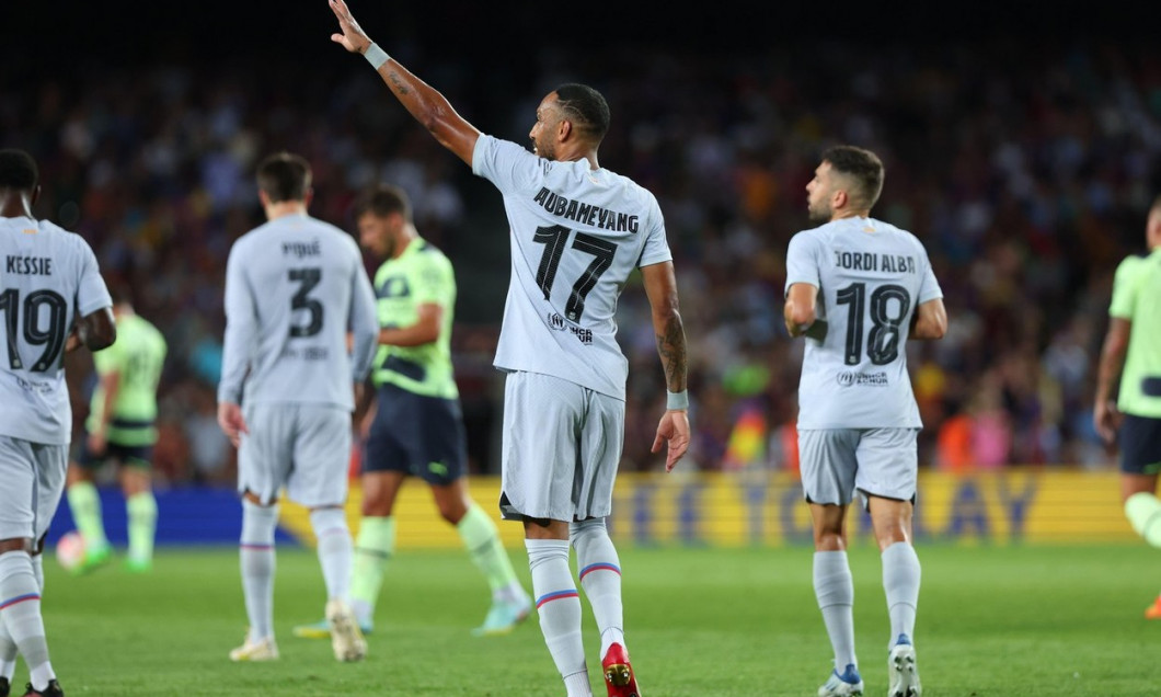 Barcelona, Spain. 24th Aug, 2022. Pierre-Emerick Aubameyang of FC Barcelona celebrates a goal during the benefic friendly match to raise funds for ELA between FC Barcelona and Manchester City at Spotify Camp Nou in Barcelona, Spain. Credit: DAX Images/Ala