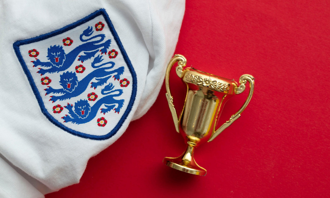 LONDON, UK - August 2022: Three lions national emblem badge on an England football team shirt