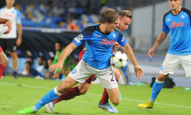 Naples, Italy. 07th Sep, 2022. Arthur of Liverpool FC competes for the ball with Alessio Zerbin SSC Napoli during the Uefa Champions League match between SSC Napoli vs FC Liverpool at Diego Armando Maradona Stadium Credit: Independent Photo Agency/Alamy L