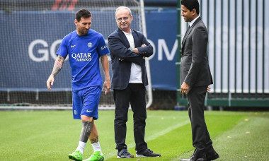 Lionel (Leo) MESSI of PSG, Luis CAMPOS of PSG and Nasser AL-KHELAIFI of PSG during the training of the Paris Saint-Germain team on September 5, 2022 at Camp des Loges in Saint-Germain-en-Laye near Paris, France - Photo Matthieu Mirville / DPPI