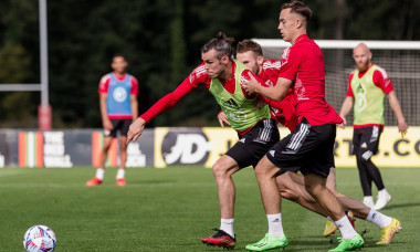 PONTYCLUN, WALES - 21 SEPTEMBER 2022: Wales' Gareth Bale, Wales' Luke Harris and Wales' Rhys Norrington-Davies during a training session at the vale r