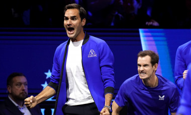 Roger Federer (left) and Andy Murray cheers on team-mate Stefanos Tsitsipas in the singles match against Frances Tiafoe on day three of the Laver Cup at the O2 Arena, London. Picture date: Sunday September 25, 2022.