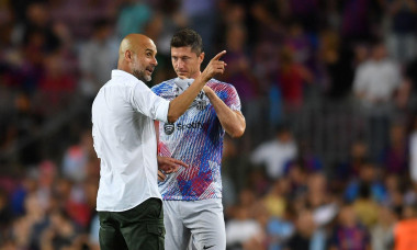 Barcelona,Spain.24 August,2022. FC Barcelona v Manchester CityPep Guardiola (head coach) of Manchester City and Robert Lewandowski (9) of FC Barcelona at the end of the friendly match between FC Barcelona and Manchester City in support of the cause of