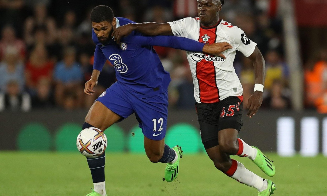 Southampton, England, 30th August 2022. Ruben Loftus-Cheek Of Chelsea and Romeo Lavia of Southampton during the Premier League match at St Mary's Stadium, Southampton. Picture credit should read: Paul Terry / Sportimage