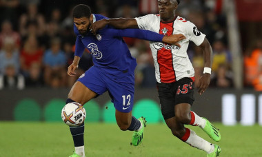 Southampton, England, 30th August 2022. Ruben Loftus-Cheek Of Chelsea and Romeo Lavia of Southampton during the Premier League match at St Mary's Stadium, Southampton. Picture credit should read: Paul Terry / Sportimage