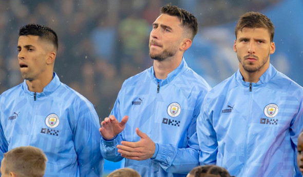 Manchester, UK. 05th Oct, 2022. Joao Cancelo (7), Aymeric Laporte, Ruben Dias and goalkeeper Ederson of Manchester City line up for the UEFA Champions League match between Manchester City and FC Copenhagen at Etihad Stadium in Manchester. (Photo Credit: G