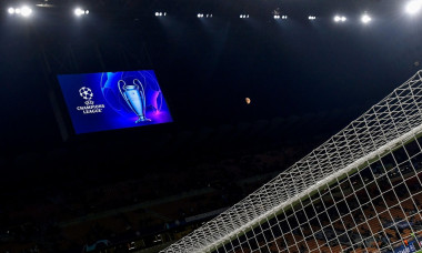 Champions league logo and trophy appear on the display during the Champions League Group C football match between FC Internazionale and FCB Barcelona