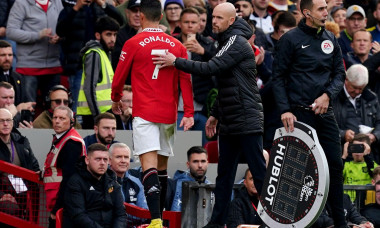 Manchester United's Cristiano Ronaldo with manager Erik ten Hag after being substituted during the Premier League match at Old Trafford, Manchester. Picture date: Sunday October 16, 2022.