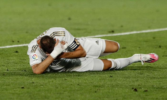 Madrid, Spain. 10th July 2020; Estadio Alfredo Di Stefano, Madrid, Spain; La Liga Football, Real Madrid versus Deportivo Alaves; Karim Benzema (Real Madrid) goes down with a head injury Credit: Action Plus Sports Images/Alamy Live News