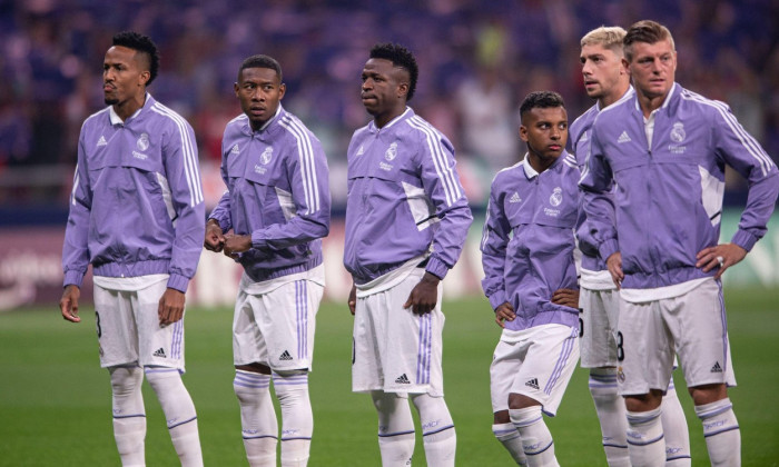 Madrid, Spain. 19th Sep, 2022. 18th September 2022; Civitas Metropolitano, Madrid, Spain: La Liga Santander football, Atletico de Madrid versus Real Madrid CF: Real Madrid players, Militao, Alaba, VInicius Jr, Rodrygo, Valverde and Kroos Credit: Action Pl