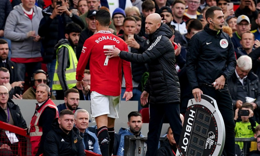 Manchester United's Cristiano Ronaldo with manager Erik ten Hag after being substituted during the Premier League match at Old Trafford, Manchester. Picture date: Sunday October 16, 2022.
