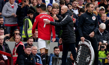 Manchester United's Cristiano Ronaldo with manager Erik ten Hag after being substituted during the Premier League match at Old Trafford, Manchester. Picture date: Sunday October 16, 2022.