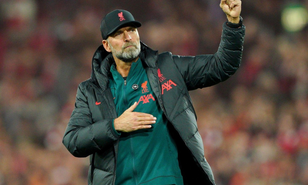 Liverpool manager Jurgen Klopp celebrates at full time after the Premier League match at Anfield, Liverpool. Picture date: Sunday October 16, 2022.