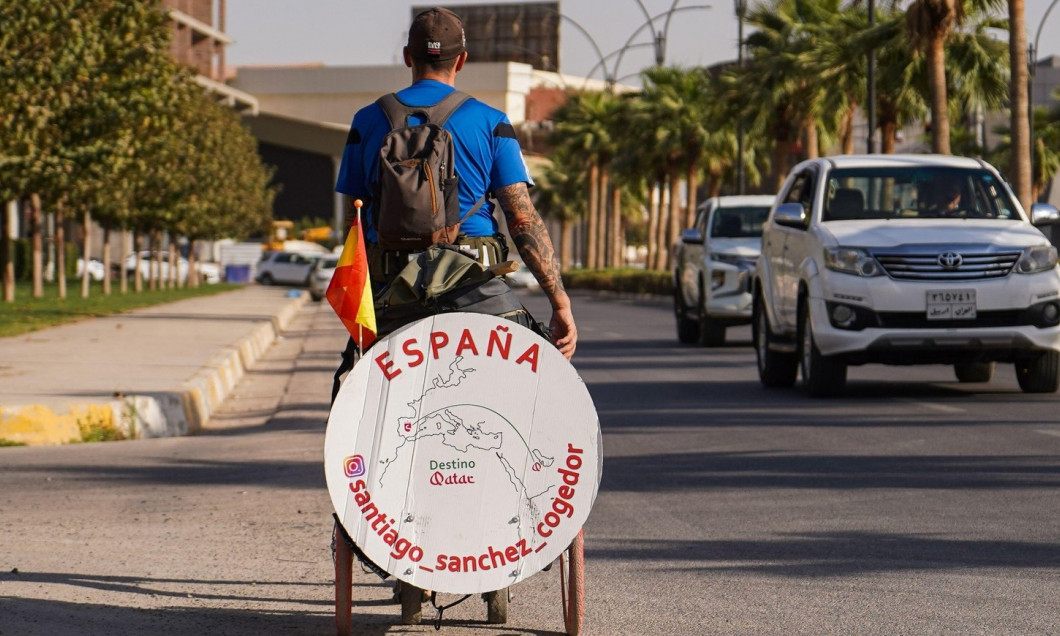 Santiago Sanchez walks in the city of Erbil in the Kurdistan region of Iraq during his journey to reach the Qatar 2022 World Cup on foot. Spaniard Santiago Sanchez 42 years old, set off by walking from the Spanish capital Madrid in January, he crossed mos
