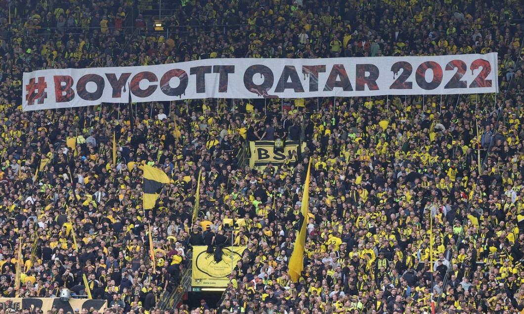 firo : 22.10.2022, football, soccer, 1st league, 1st Bundesliga, season 2022/2023, BVB, Borussia Dortmund - VfB Stuttgart BVB fans with banner, boycott Qatar 2022, Qatar