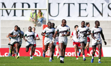 Players In action during the Madrid Rugby 7s match between Kenya and Portugal at Estadio Nacional Complutense in Madrid, Spain.