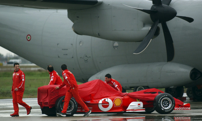 Michael Schumacher Of Ferrari Races Eurofighter Typhoon Aircraft