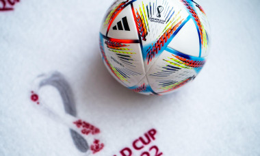 DOHA, QATAR, AUGUST 30, 2022: Fifa world Cup 2022 in Qatar. Football World Championship official logo on white blanket. Official Adidas World Cup Foot
