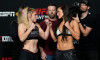 LAS VEGAS, NV - NOVEMBER 4: Miranda Maverick vs Shanna Young face-off following the official weigh-ins at UFC Apex for UFC Fight Night - Vegas 64 - Rodriguez vs Lemos - Weigh-ins on November 4, 2022 in Las Vegas, NV, United States. (Photo by Louis Grasse/