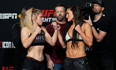LAS VEGAS, NV - NOVEMBER 4: Miranda Maverick vs Shanna Young face-off following the official weigh-ins at UFC Apex for UFC Fight Night - Vegas 64 - Rodriguez vs Lemos - Weigh-ins on November 4, 2022 in Las Vegas, NV, United States. (Photo by Louis Grasse/