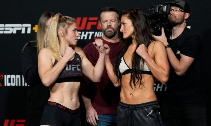 LAS VEGAS, NV - NOVEMBER 4: Miranda Maverick vs Shanna Young face-off following the official weigh-ins at UFC Apex for UFC Fight Night - Vegas 64 - Rodriguez vs Lemos - Weigh-ins on November 4, 2022 in Las Vegas, NV, United States. (Photo by Louis Grasse/