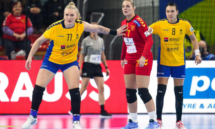 SKOPJE, MACEDONIA - NOVEMBER 9: Crina Pintea of Romania, Sanja Dabevska of North Macedonia and Christina Neagu of Romania during the Preliminary Round - EHF EURO 2022 match between North Macedonia and Romania at the Arena Boris Trajkovski on November 9, 2