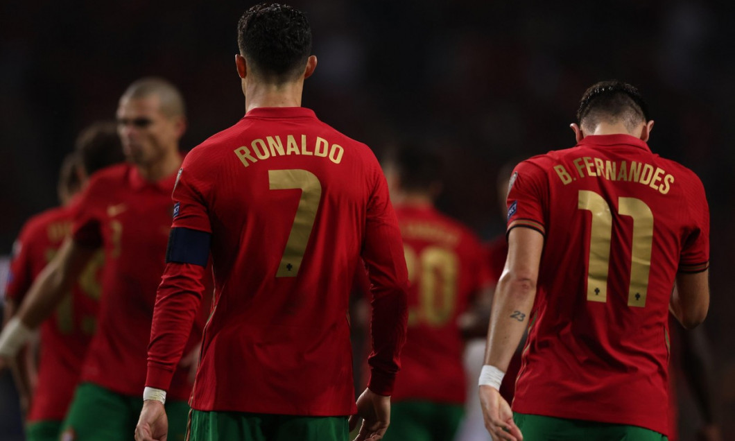 Porto, Portugal, 29th March 2022. Bruno Fernandes of Portugal celebrates with team mate Cristiano Ronaldo after scoring his second goal to give the side a 2-0 lead during the FIFA World Cup 2022 - European Qualifying match at the Estadio do Dragao, Porto.